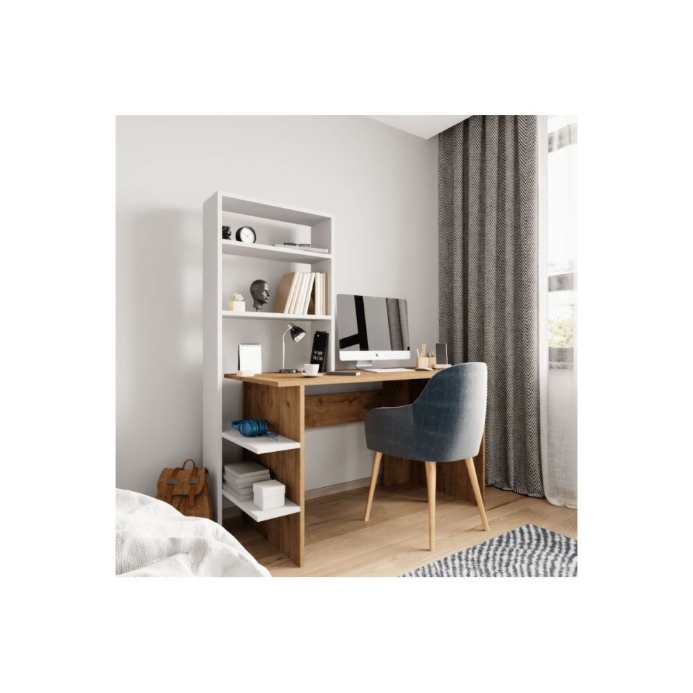 Mesa de Estudio-Librería en Melamina Roble- Blanco