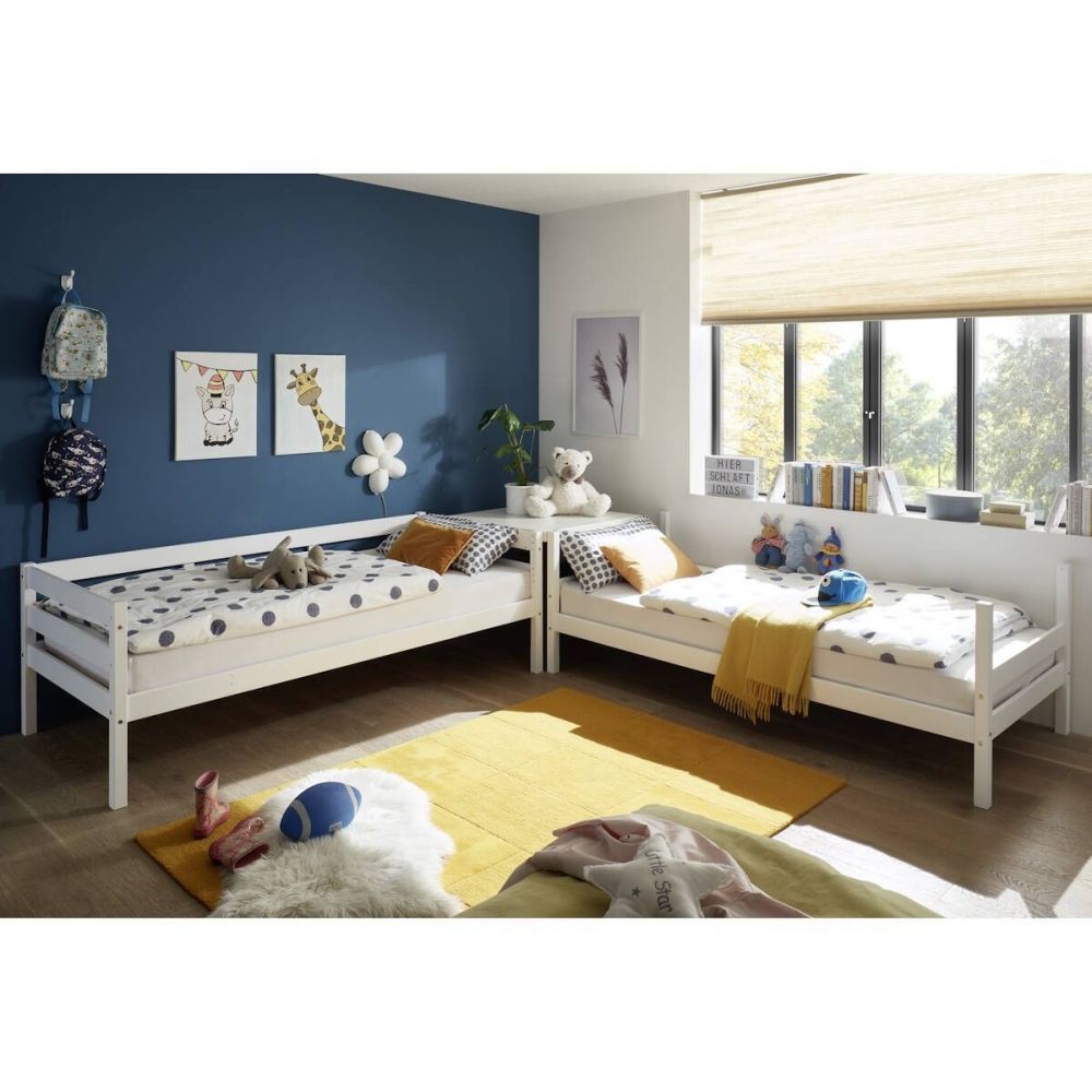 Litera Juvenil Convertible en Dos Camas Individuales, Madera Maciza de Pino, Escalera Reversible, Color Blanco, 97x207x140 cm