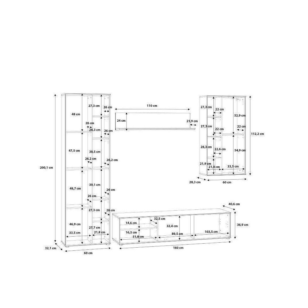 Mueble de Salón Completo, Mueble de TV, Estante, Vitrina